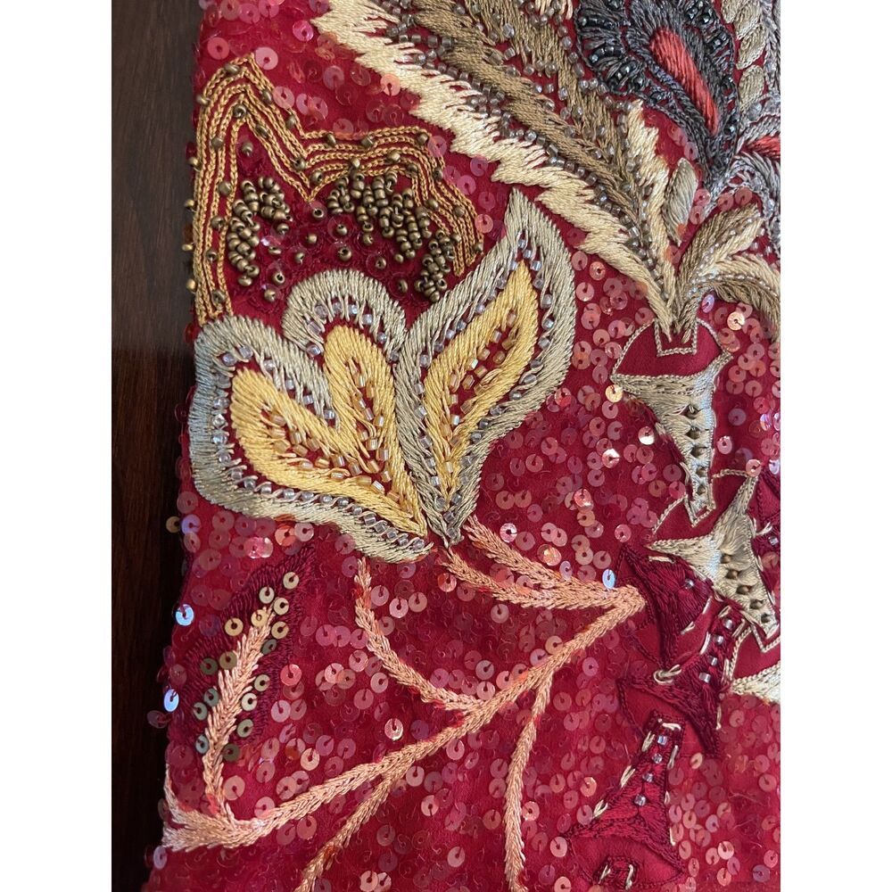 Vintage Megan Park England Floral Embroidered 100% Silk Scarf Red Beaded Shawl - Picture 8 of 11